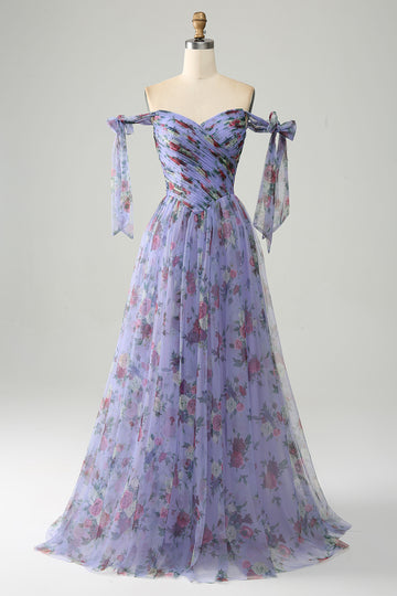 Lavender Floral Print Tulle Prom Dress with Pleated